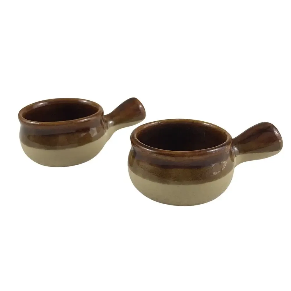 Stoneware Soup Crocks Brown Tan Glazed Two Tone Mini with Handle Set of 2